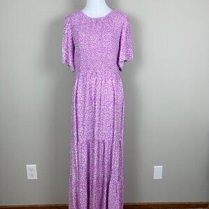 Zesica Dress Women Large Purple Ditsy Floral Tiered Smocked Short Flutter Sleeve